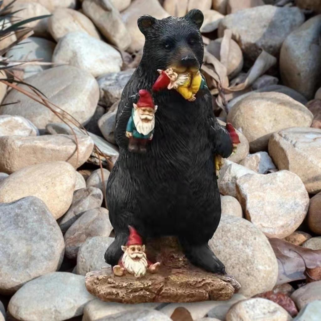 Black Bear Eating Little Elf Garden Ornament Statue