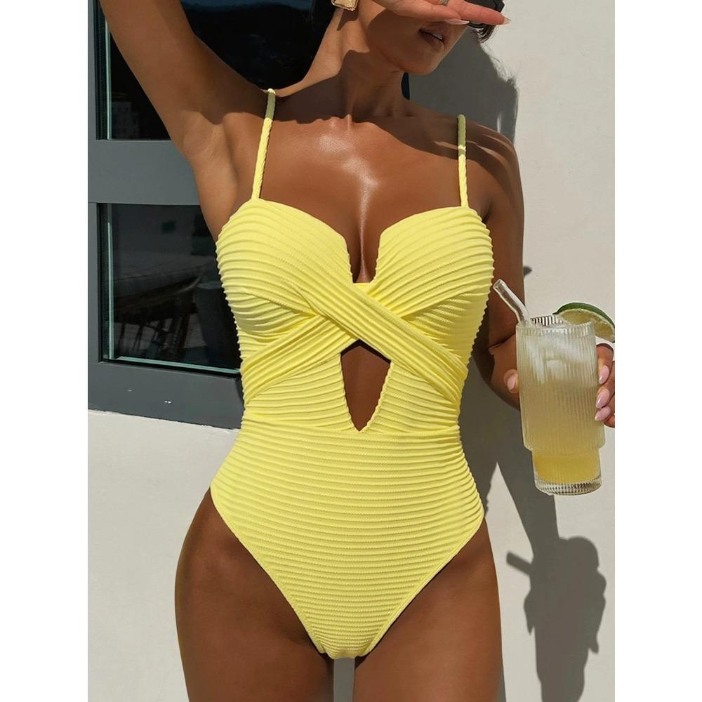 Sexy Yellow Swimwear Women 2026 Hollow Out Cross Slim Tummy Control One Piece Swimsuit Beach Backless Bathing Suit Monokini