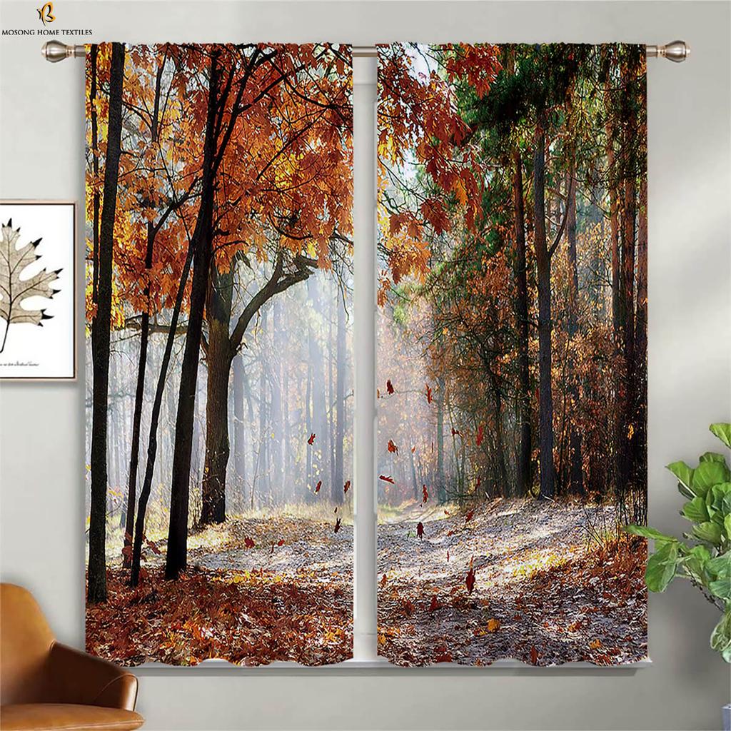 Misty Deep Forest Green Woods 3D tlačené závesy vhodné do spálne obývačka kuchyňa otočné dekoratívne závesy 2 kusy