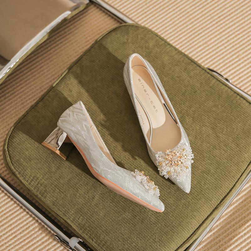 550-2 high heels women's 2025 spring new versatile Xiuhe wedding dress two wear crystal shoes pointed thick heel single shoes