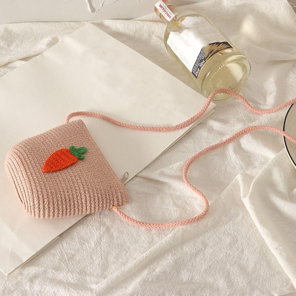 Children's Straw Beach Bag Cute Heart Pattern Shoulder Bag Straw Crossbody Bag Handbag Baby Coin Purse
