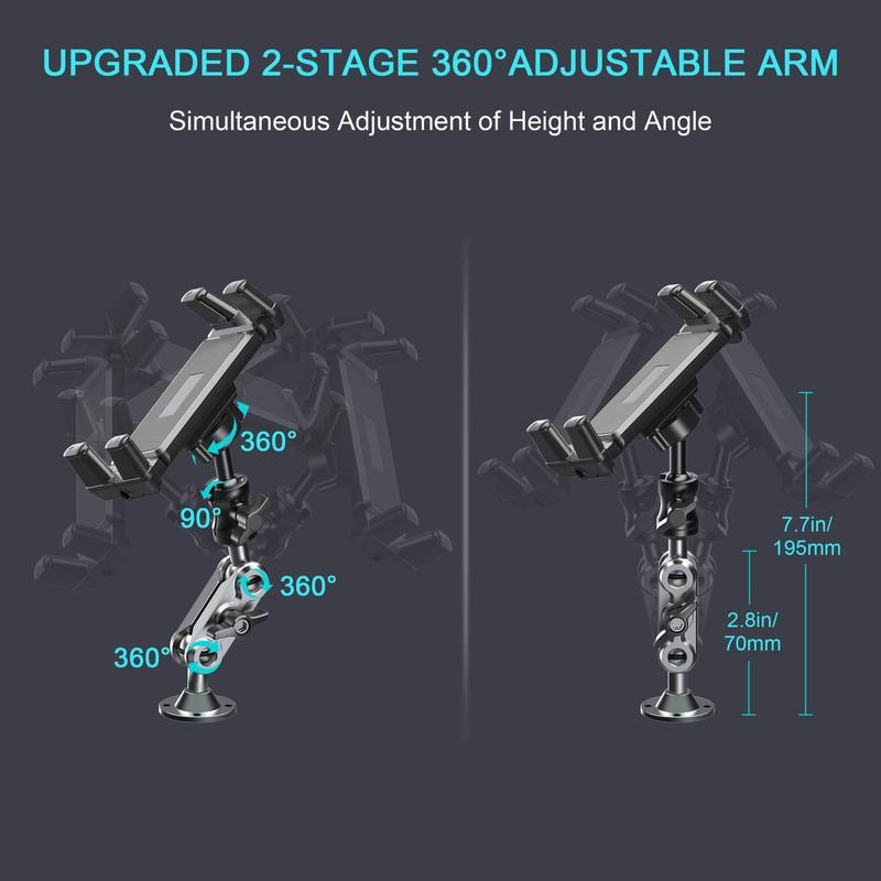 Car Phone Holder Aluminum Heavy Duty Drill Base Tablet Holder Car Mount Dashboard 360° Adjustable 2-Stage Stand for 5-15" iPad
