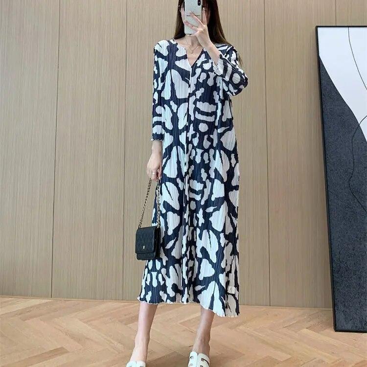 Rochie de vară cu mâneci 3/4 pentru slăbire, cu decolteu în V, imprimeu geometric, la modă, pliată, lejeră, lejeră