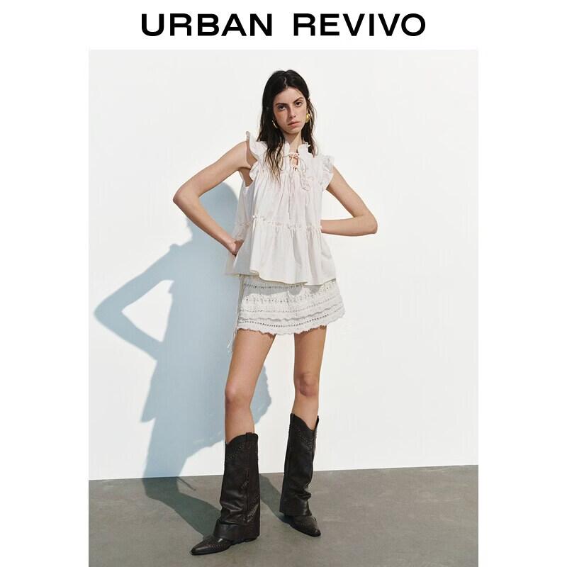 

UR2026 Women s Summer Ruffle Tie-Front Cotton Blouse S
