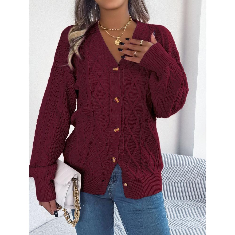 New Autumn/Winter Ladies' Sweatshirt Collection: Oversized Top, Casual V-Neck, Bell Sleeves, Cable-Knit Button-Front Cardigan