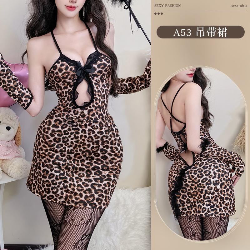 New sexy leopard print plus size erotic underwear war robe bed pajamas seduction passion suspenders pure desire cosplay
