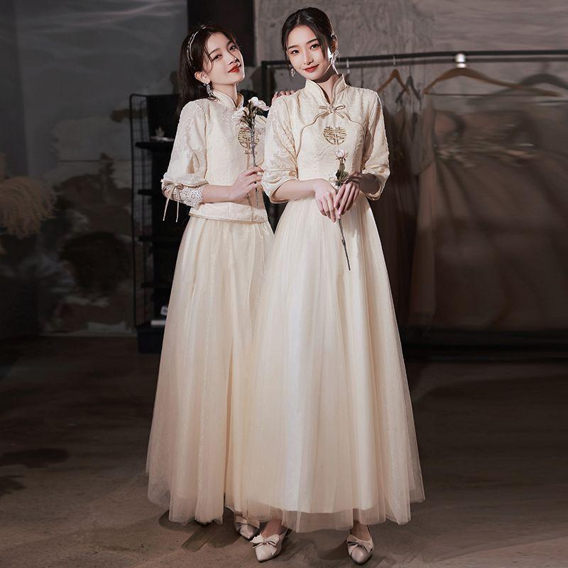 Champagne Bridesmaid Dress - Women's Winter To Summer Petite Gown with Enhanced Design