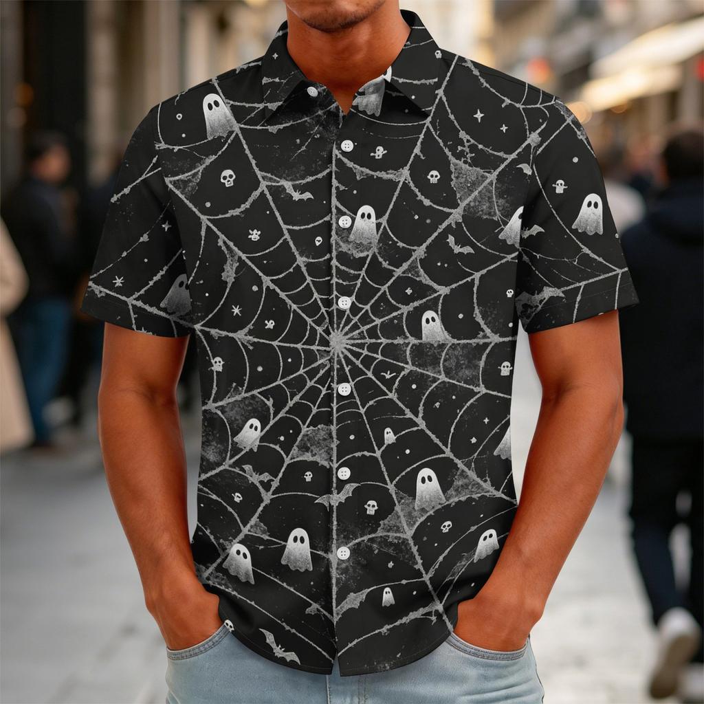Men's Halloween Print Vintage Button Down Cardigan Shirt - Loose Fit Breathable Summer Casual Streetwear Top