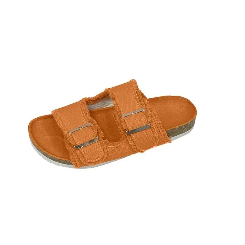 Shoes for Women 2024 Hot Sale Buckle Women's Slippers Summer Open Toe Solid Outdoor Flat Casual Comfortable Large Size Slippers