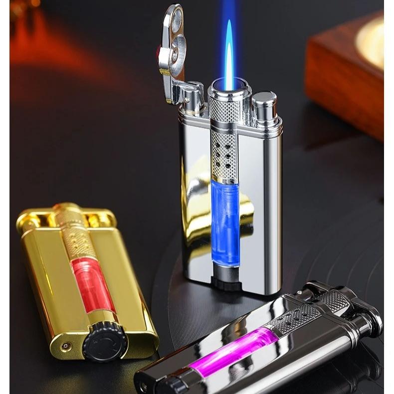 Windproof Diamond Studded Straight Forward Lighter Blue Flame Inflatable Lighter with Visible Gas LED Light Gift for Boys
