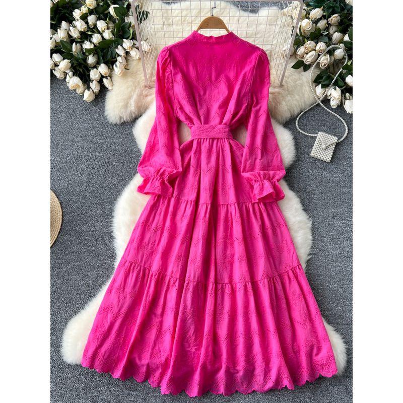 French Style Retro Stand Collar Single-Breasted Long Sleeve Waist-Tight Dress Women's Sweet Machine Embroidery Crocheted Long Vacation Skirt