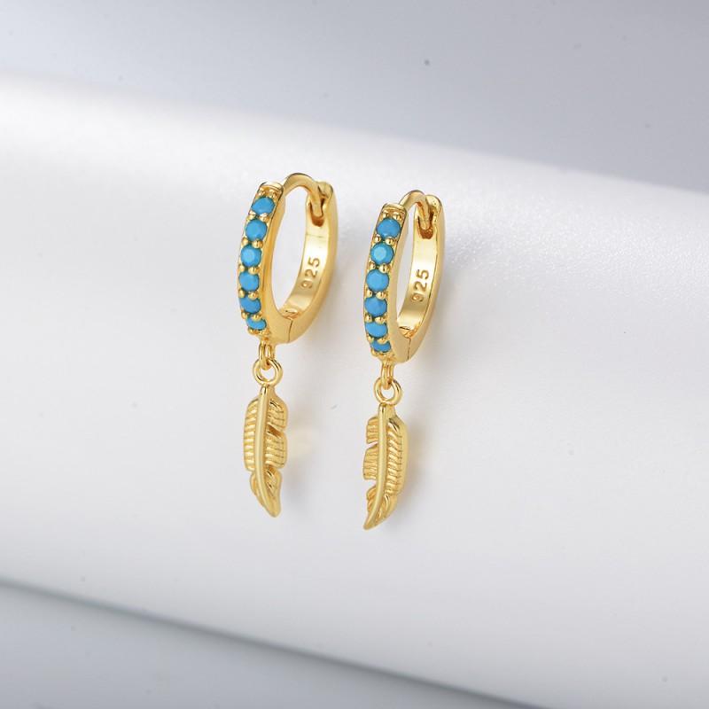Turquoise Feather Stud Earrings Women Sterling Hypoallergenic Minimalist Fashion Jewelry 925 Sterling Silver