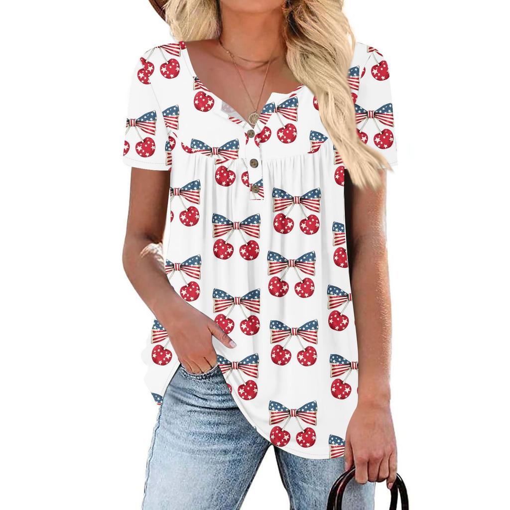 Women Tunic Tops Dressy Casual Summer Short Sleeve Shirts Loose Fit Pleated Boho Top Independence Day