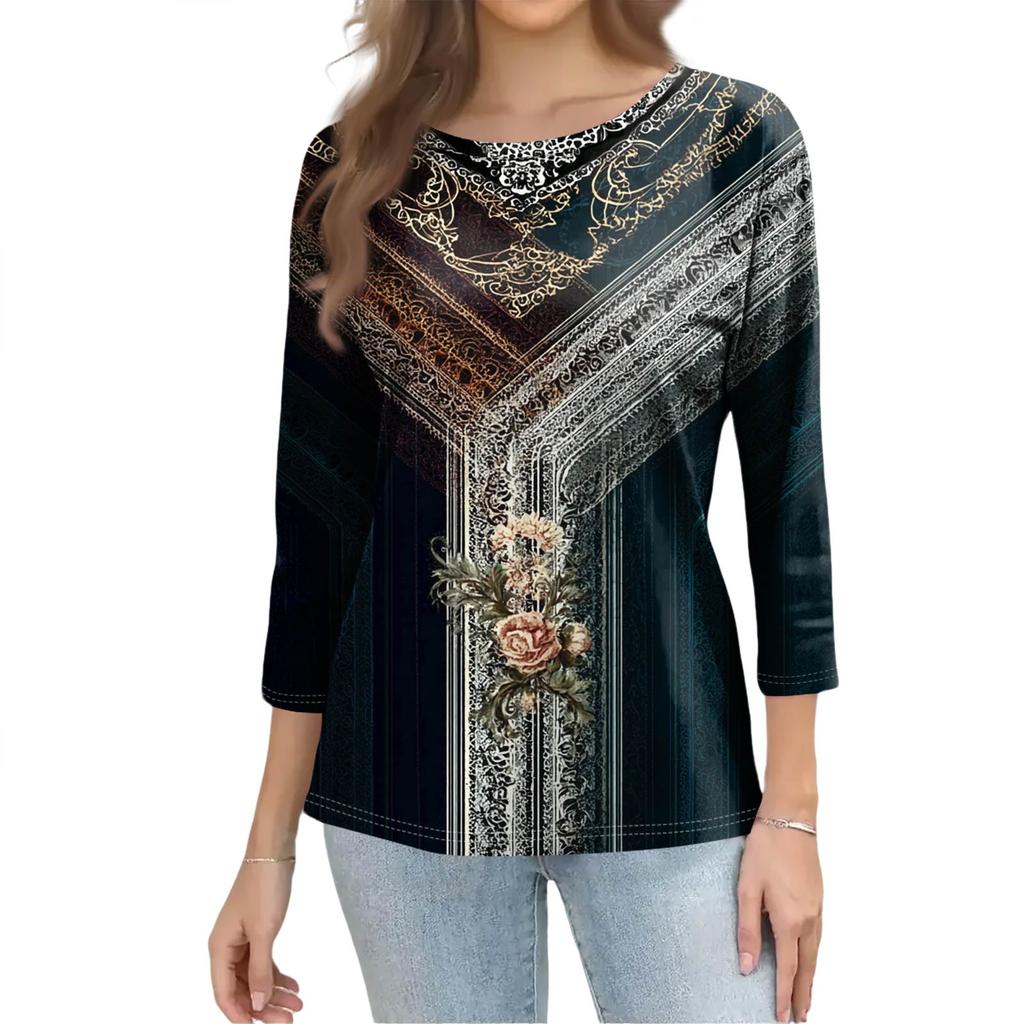 Módní vintage top s 3/4 rukávem pro ženy, dámská ležérní halenka s tříčtvrtečním rukávem a kulatým výstřihem s potiskem