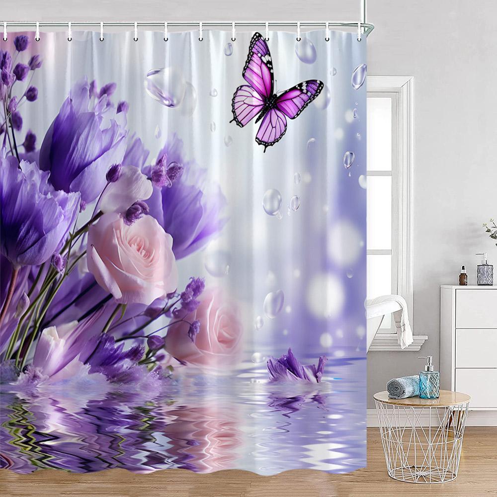 Watercolor Flower Pattern Shower Curtains Colorful Flowers Butterfly Greenery Plants Nature Home Decor For Bathroom Bath Curtain