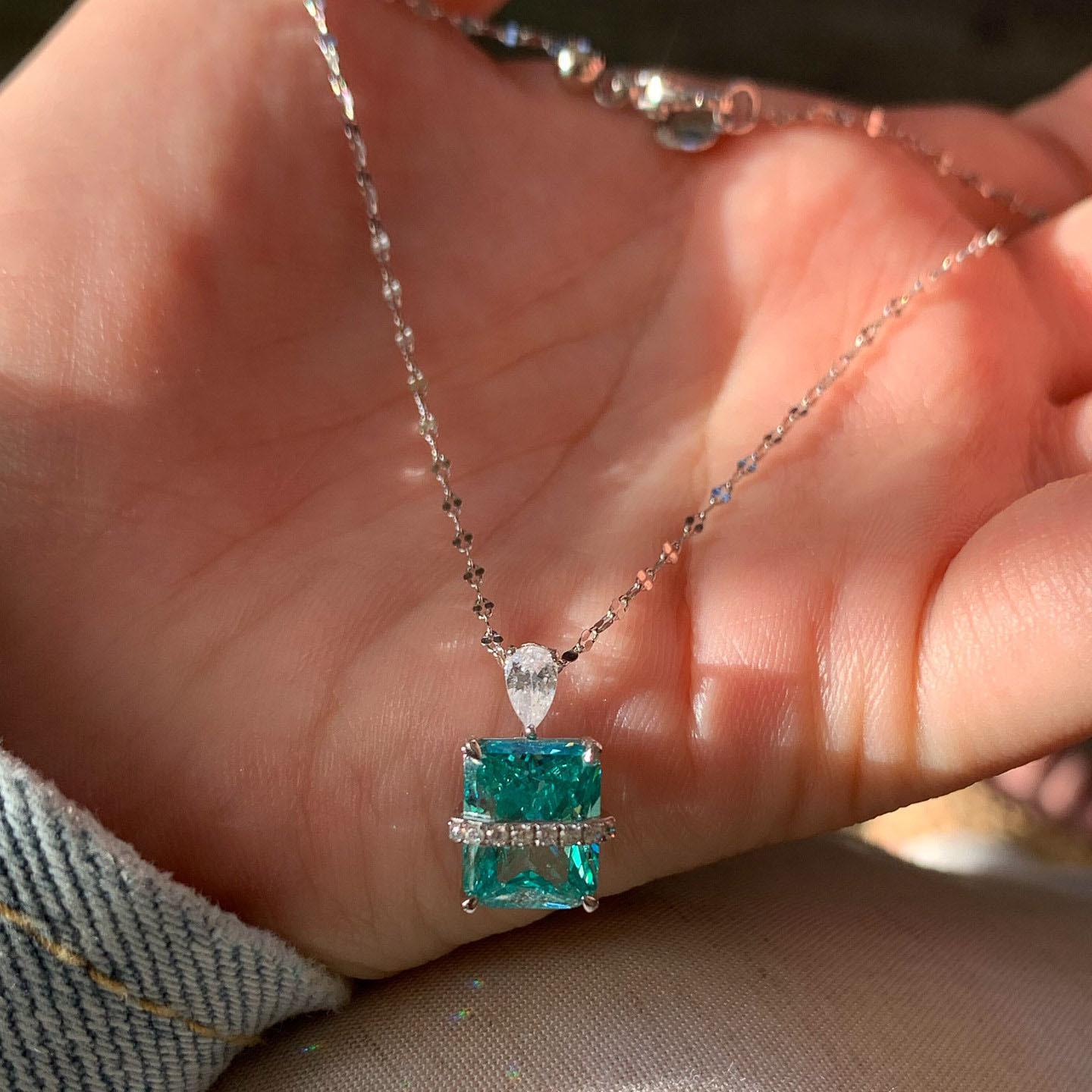 

Original Fresh Paraiba blue-green Square Gem Pendant Necklace for Women pendant Exquisite Trendy Clavicle Chain Jewelry Gift 45cm