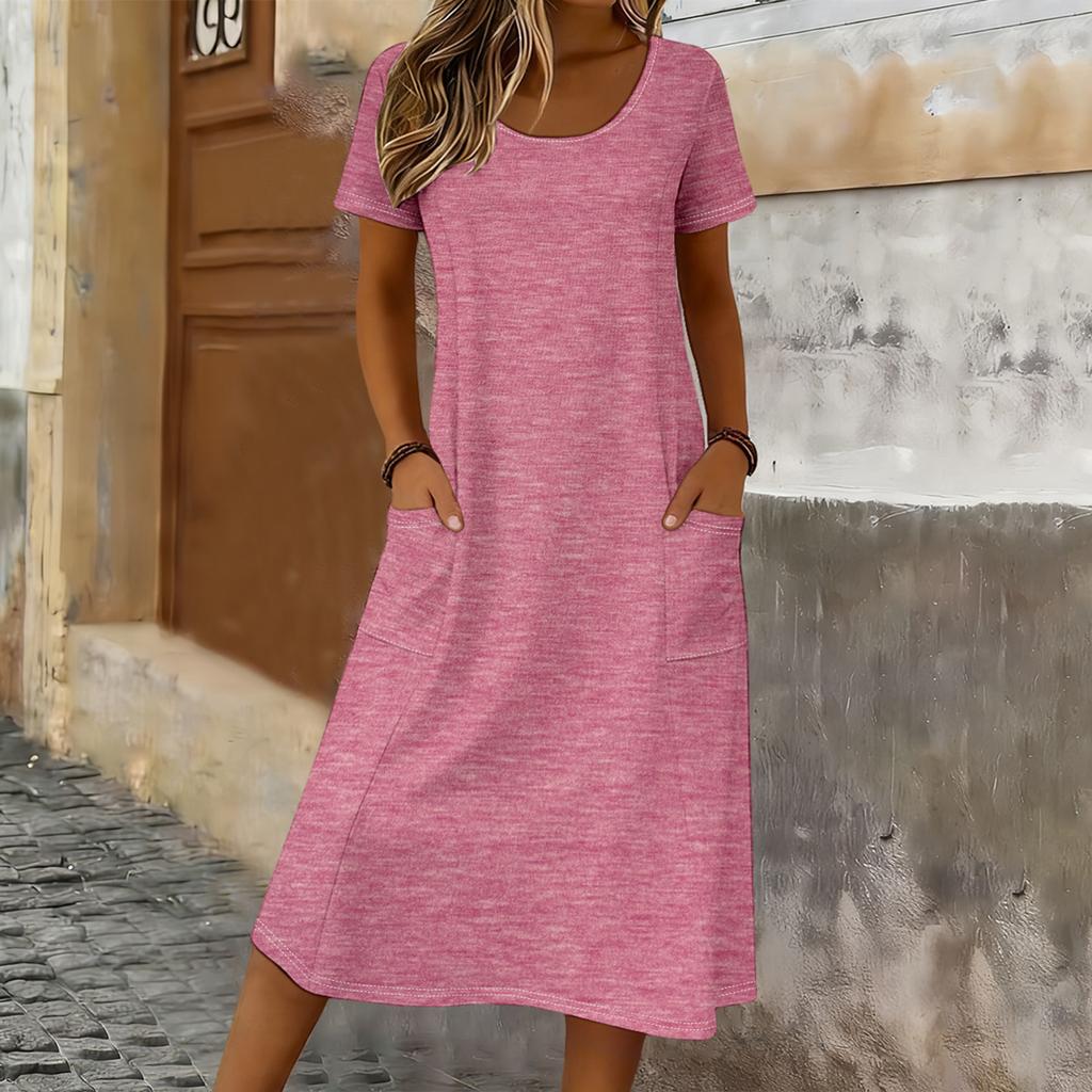 Women Casual Loose Fit Crew Neck Short Sleeve Midi Dress with Pockets Soft Fabric Comfortable Everyday Wear Suitable for Various Occasions