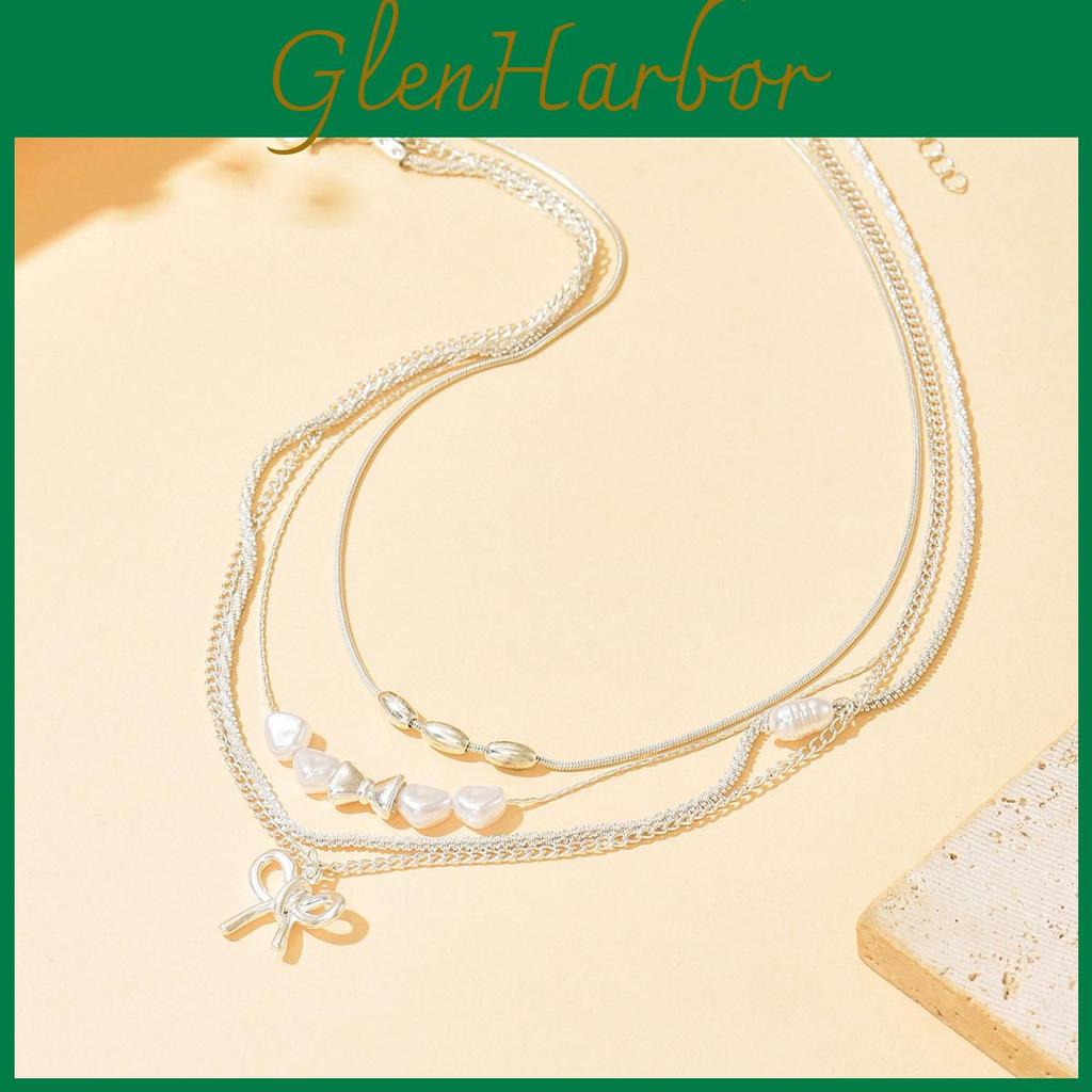 Fjärilsrosett Flerlagershalsband med Falska Pärlor och Galvaniserad Kedja för Kvinnor