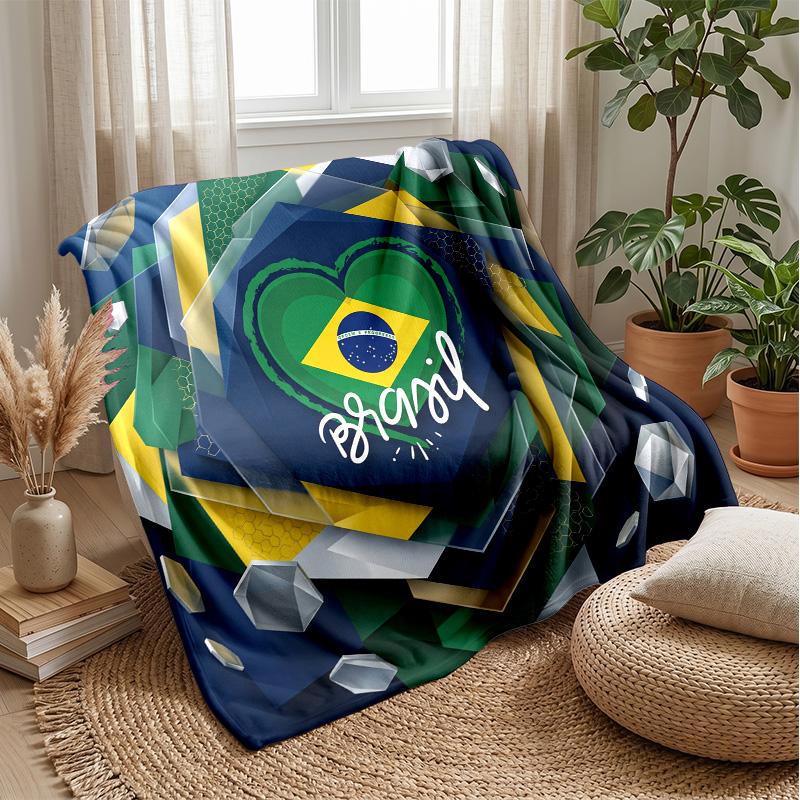Brazil Football Printed Flannel Blanket Skin Friendly Warm Decorative Throw for Indoor Couch Bed Daily Use