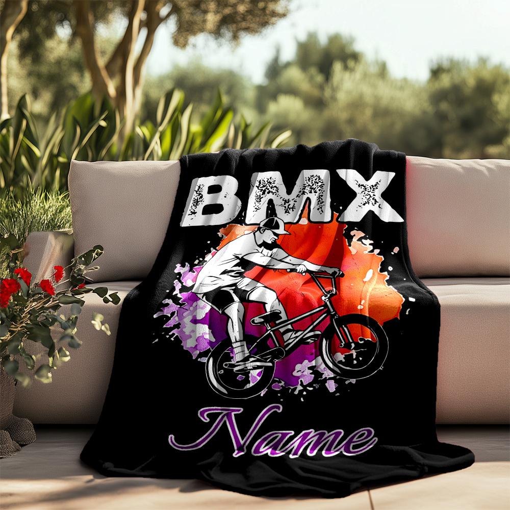 Bmx Rider Performing Tricks Artwork Customizable Outdoor Blanket Customize Your Name Soft Warm Cozy Versatile For Picnics Outdoor Travel And Camping