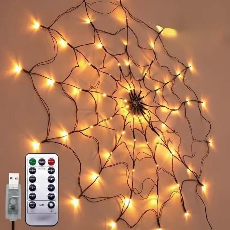 1PC Spider Web Lights Halloween Spider Net LED String Lights with 8 Lamp Mode for Haunted House Halloween Home Window Wall Decor