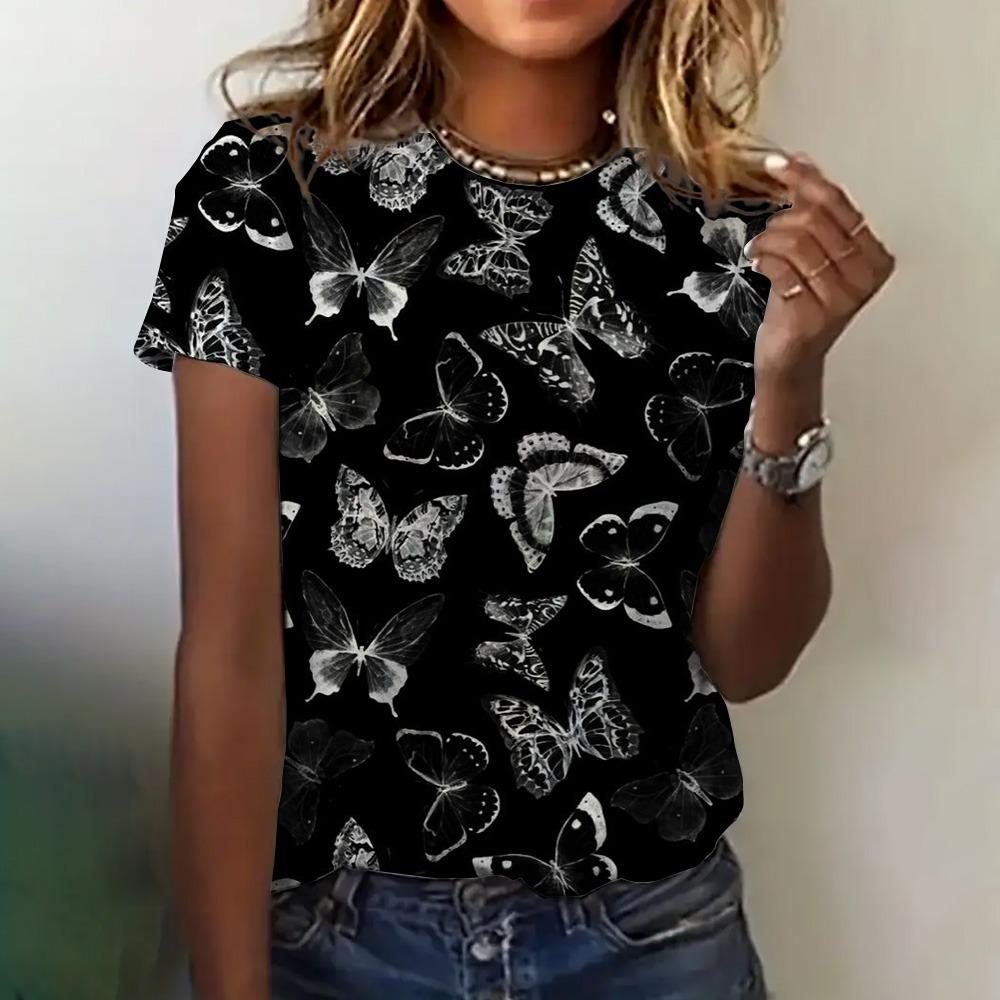 Summer New T-shirt Women's Clothing Casual Short Sleeve Butterfly Pattern Round Neck Elegant Blouse Women's T-shirt Price Is Low