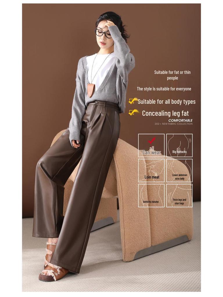 Damskie spodnie ze skóry jagnięcej z wysokim stanem i szerokimi nogawkami - Trend Jesień/Zima 2025