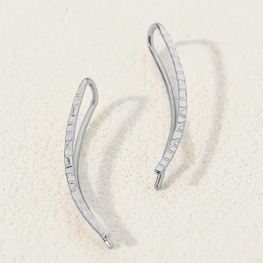 Minimalist Hammered Curved Bar Ear Cuff Stud Earrings Three Tone Option Women Simple Ear Jewelry