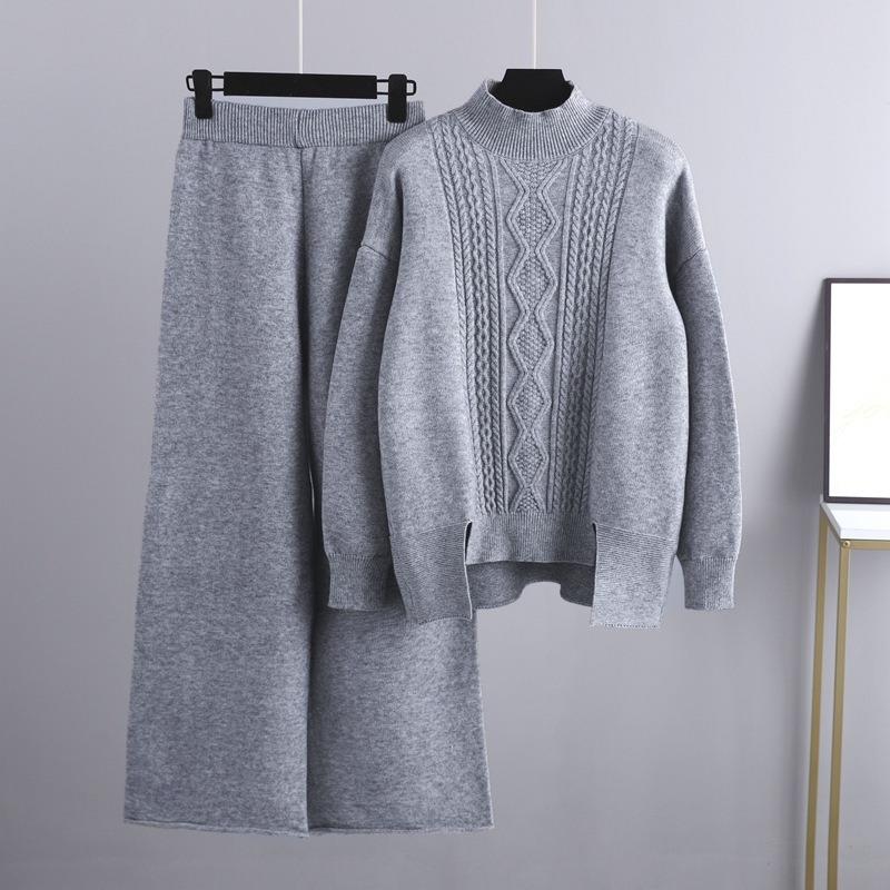 Autumn and Winter New Thin Knitted Suit Women's Thickened Loose Turtleneck Sweater Wide-leg Pants Two-piece Set Trendy Fashion