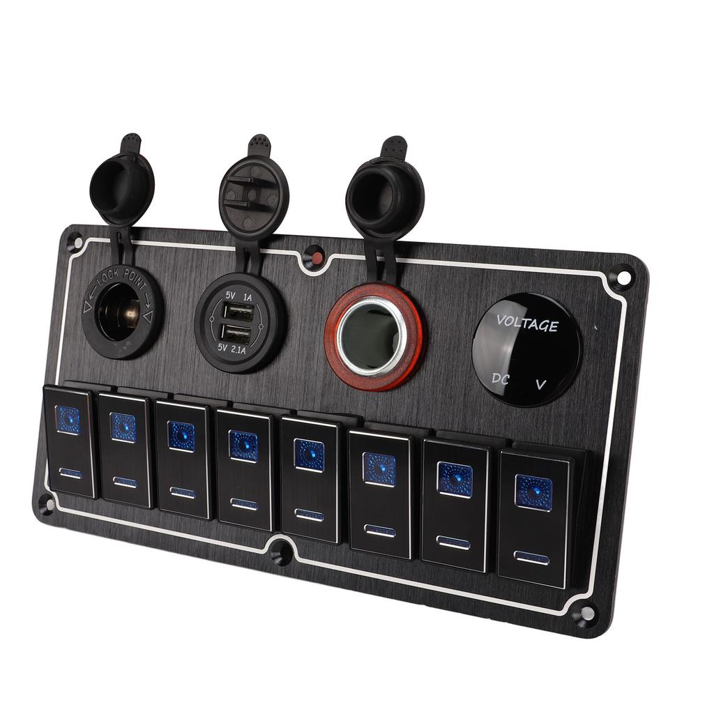 8 Gang Rocker Switch Panel 12 to 24V 2 Blue LEDs with DIY Sticker 5 Pin Waterproof for Cars RVs Yachts Ships