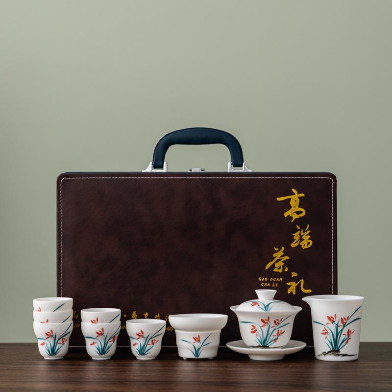 White Pottery Hand-painted Plain-fired Suet Jade Porcelain Tea Set Business Company Annual Meeting High-end Gifts
