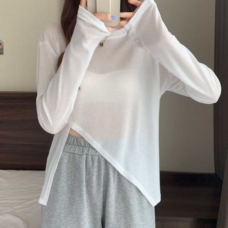 Versatile Plus Size T-shirt for Women, Summer Round Neck Basic Style, Loose and Lazy, Versatile, Irregular Sun Protection Top