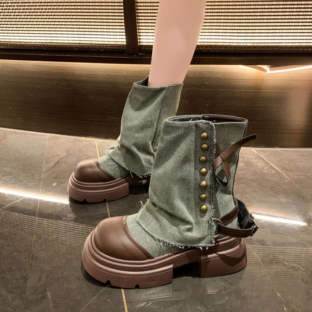 Fashion Women's Boots New Mid Calf Boots for Women Fashion Platform Boot Breathable Canvas Cowboy Boots for Women Motorcycle Botas