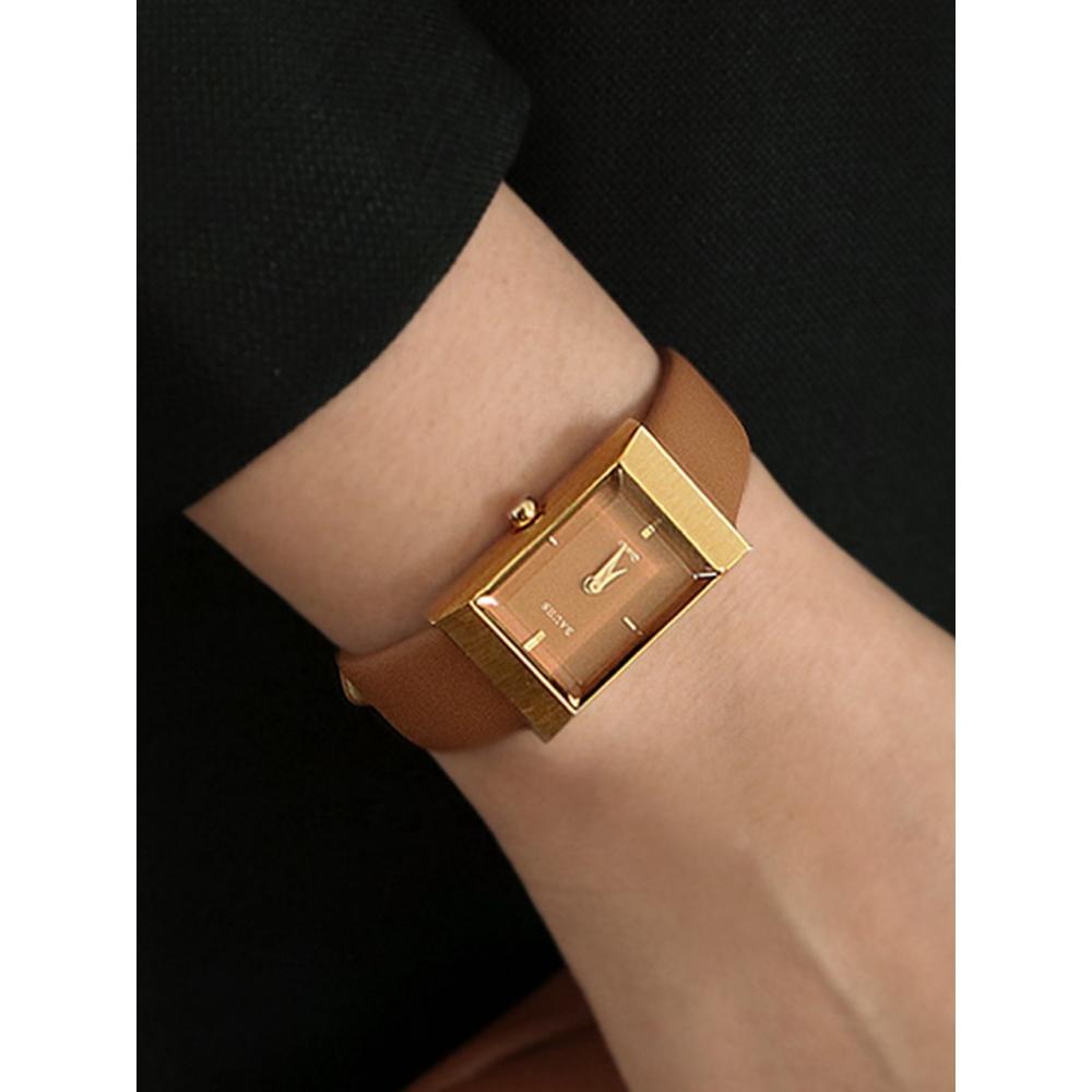 

RUMTTON Женские дизайнерские часы с кожаным ремешком Grid Tan Gold