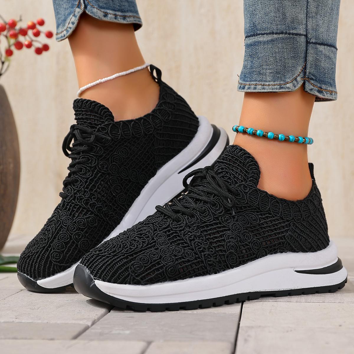 

Casual Breathable Mesh Sports Shoes Women Summer Lace Up Soft Sole Medium Heel Sneaker Lace Hollow Out Running Shoes 43 чёрный