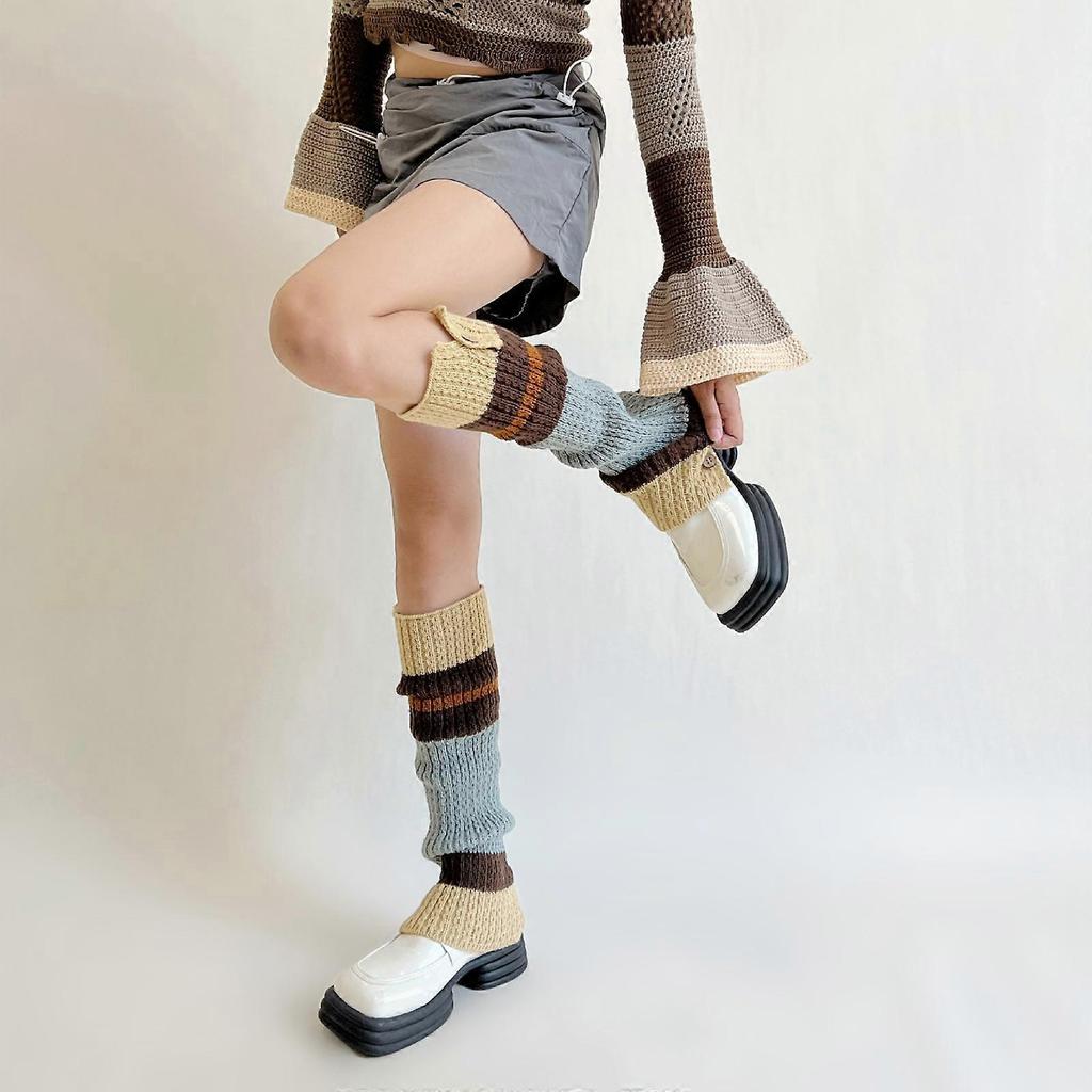 Button Design Leg Warmers College Student Women Girls Ribbed Knitted Calf Socks Contrast Color Striped Foot Covers  Coffee