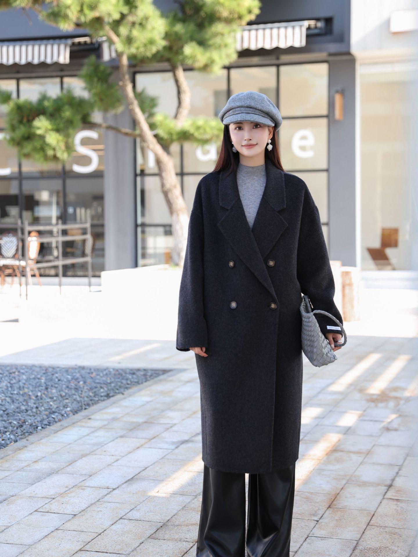 

Обновлённый кашемир: Пальто Aionia из корейской шерсти двустороннее для поездок на работу - Женская зимняя одежда средней длины S (95-150 cm) черный серый