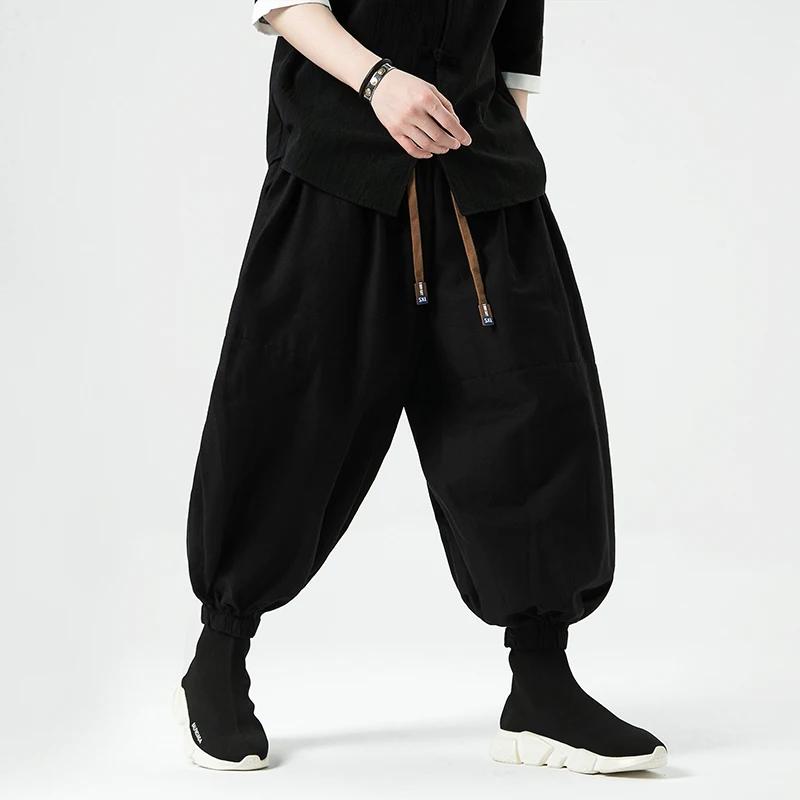 2026 Summer Men Black Wide Leg Pants Men Dark Wind Solid Color Casual Pants Japanese Style Harun Pants Men Cotton Linen Lantern Pants