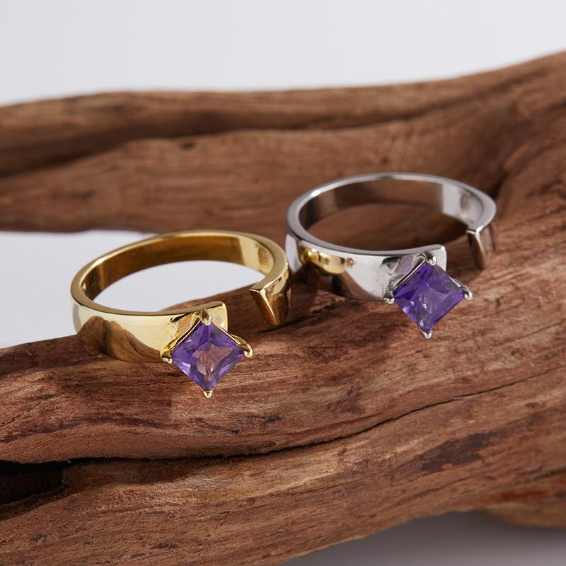 Color Treasure Ring S925 Sterling Silver Inlaid Natural Square Amethyst Niche Design Simple And Stylish Open Ring