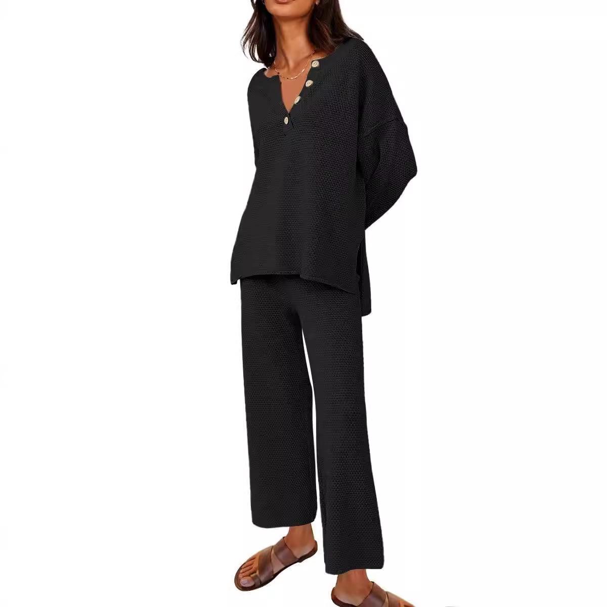 

Женский повседневный вязаный костюм: топ с V-образным вырезом и пуговицами спереди и брюки с широкими штанинами, мягкая вафельная текстура S чёрный