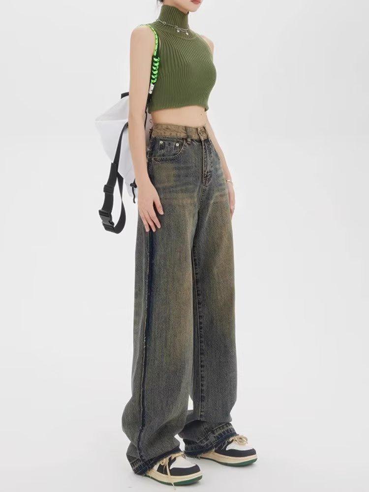 Women's High Waist Retro Distressed Wide-Leg Jeans - Spring/Autumn
