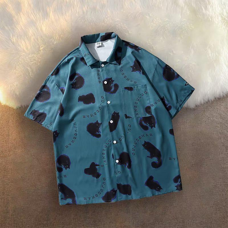 Men's Hip Hop Retro Cat Print Short Sleeve Shirt