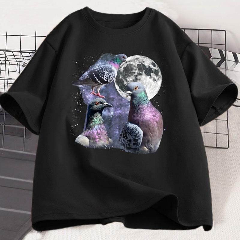 Tre T-shirt Grafiche Retrò con Piccioni T-shirt Piccione Luna Maglietta Uccello Oversize Unisex Donna Cotone Stampato Manica Corta Abbigliamento Top