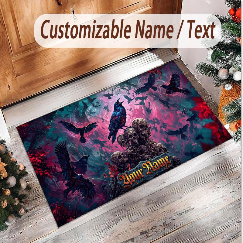 Totenkopf Gothic Thema Weicher Kristall-Samt Teppich Benutzerdefinierter Name & Text Druck Rutschfester Boden Teppich für Schlafzimmer Wohnzimmer