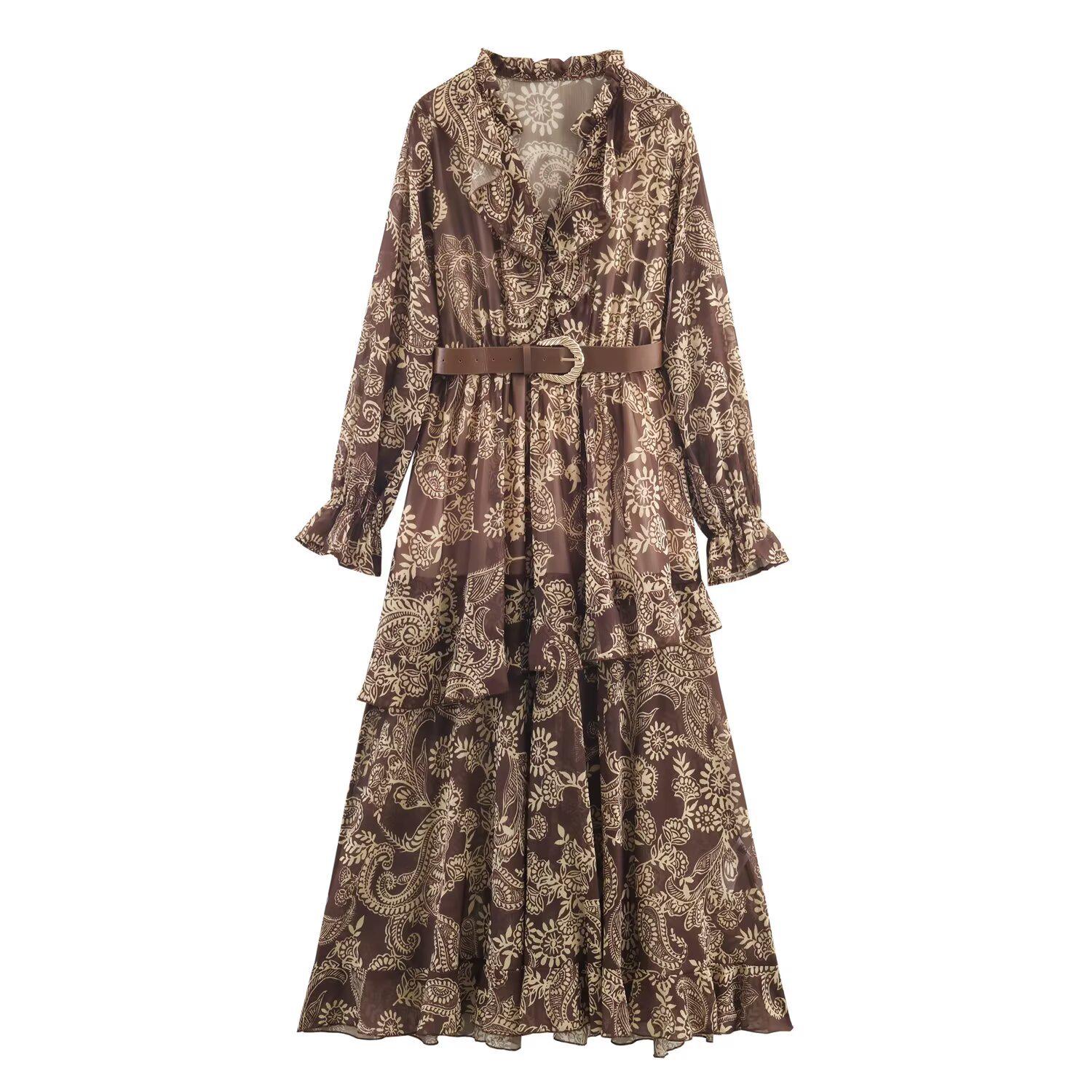 European-Style Women s Chiffon Ruffle Dress with Waist-Cinching Belt Large