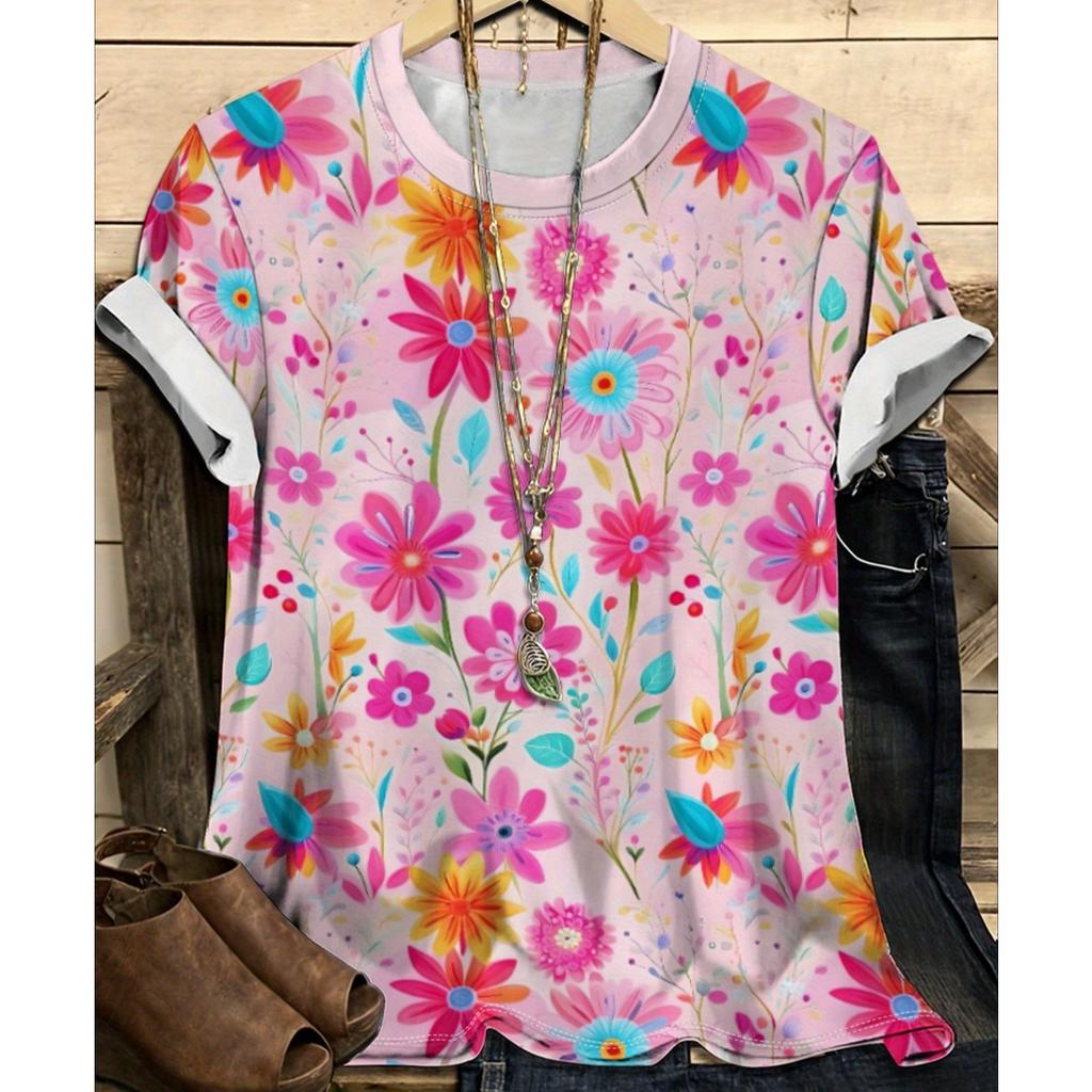 Summer Round Neck Flower Pattern 3D Print Top Fashionable Casual Short Sleeved Women's T-shirts