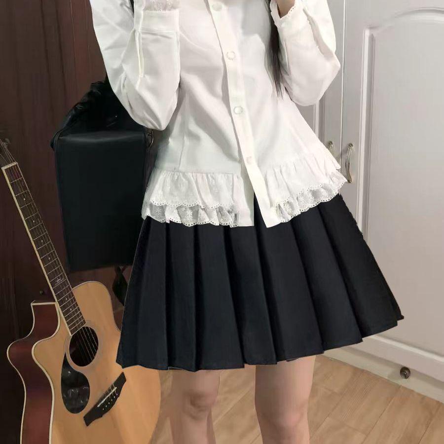 Women's Spring College Style Lace Trim Two-Piece Set: Slim Waist-Cinched Long-Sleeve Shirt & Pleated Skirt