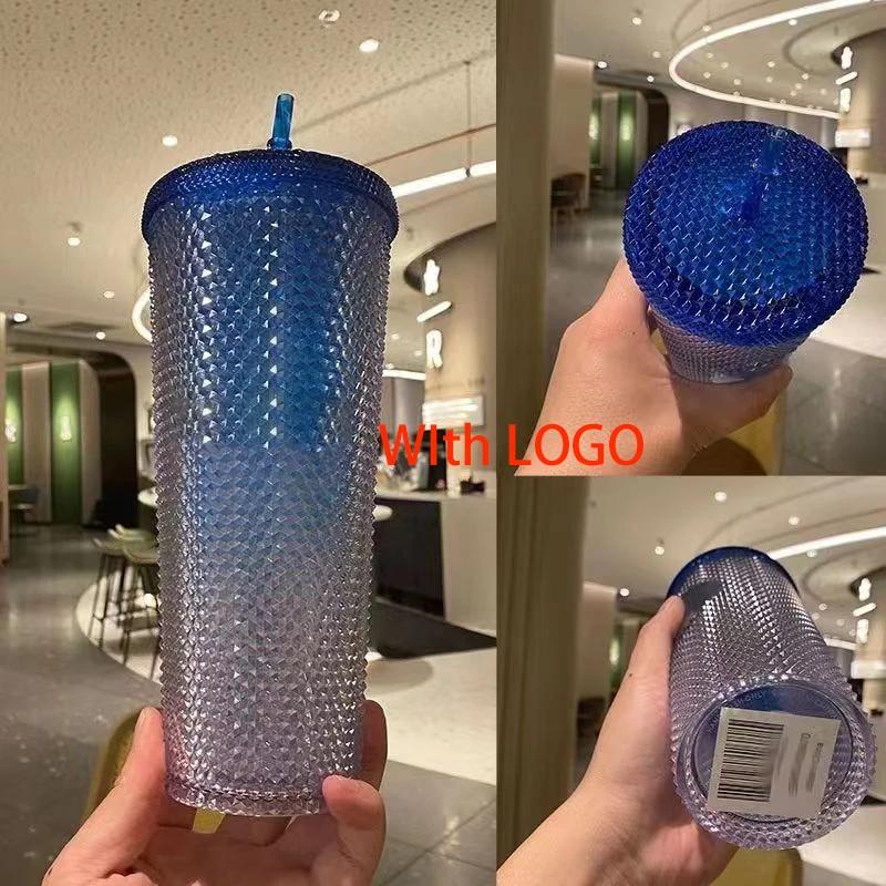 

С соломинкой, двухслойная пластиковая кружка для кофе дуриан, 1 шт., алмазная сияющая чашка богини с логотипом, 700 мл, летняя чашка для холодной воды, стакан 700ml