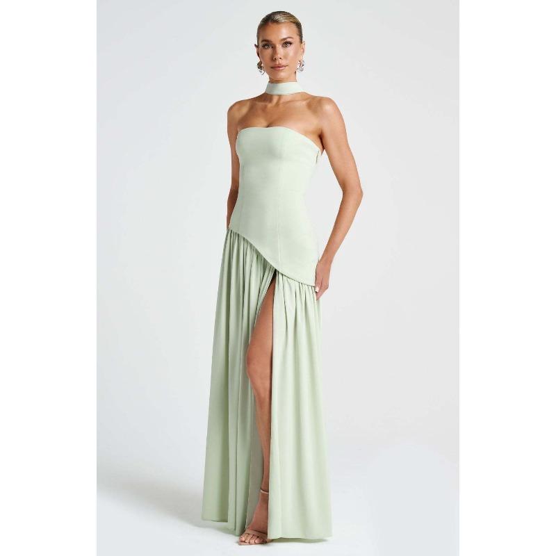 Dames Bandeau Top Effen Kleur Jurk met Split Modieus en Sexy Halter Hoge Split Lange Jurk Nieuw