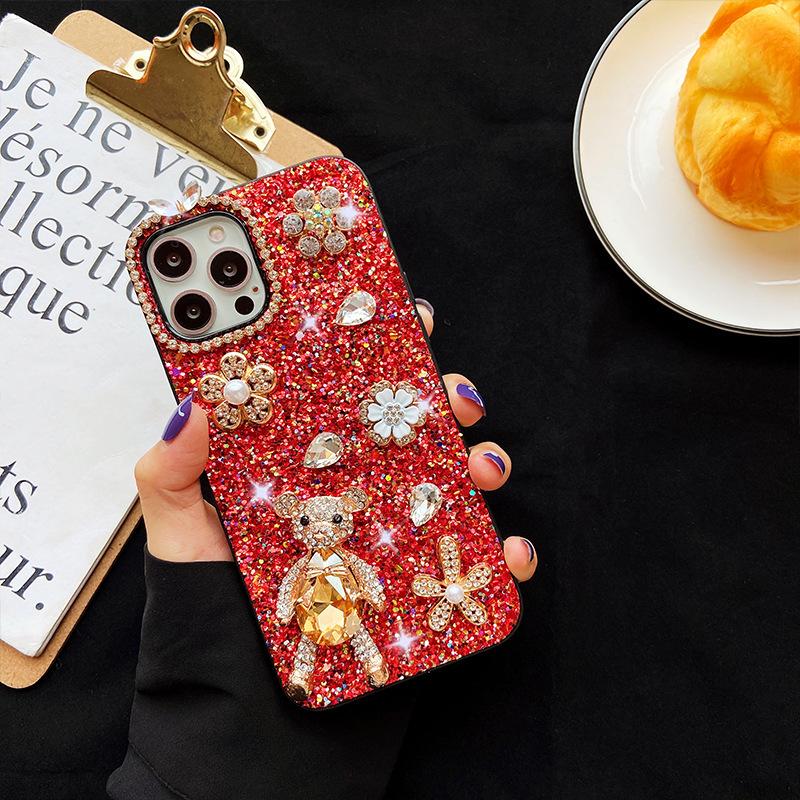 Apple 16Promax Mobile Phone Case Is Suitable For Apple 17 Glitter 14Plus Bear 13Pro Rhinestone Woman